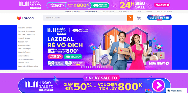Giao diện website chính của Lazada